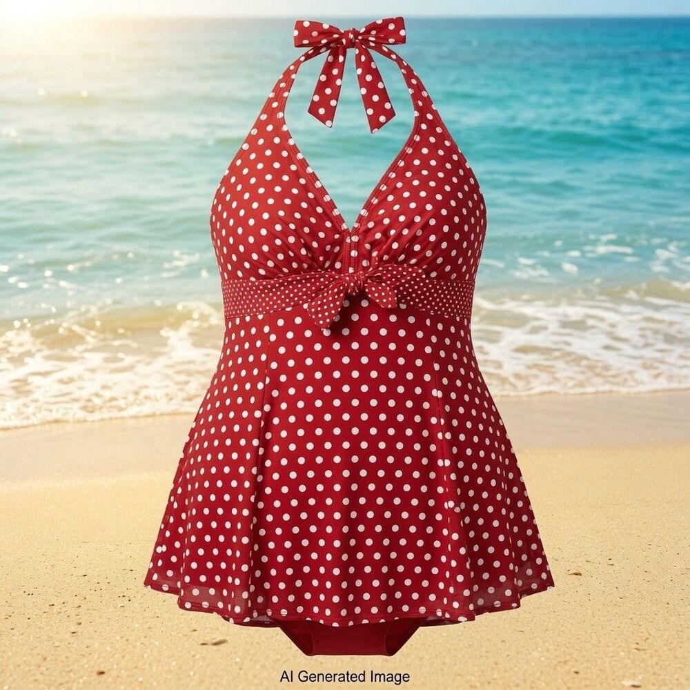Kim Rogers One Piece Red White Polka Dot Bathing Suit Halter Top Neck 20W